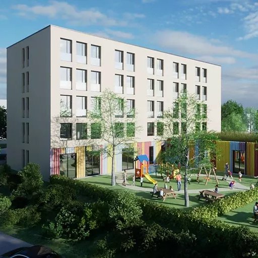 Foto: Eckert + Partner Architekten | Die endgültige Gestaltung der Fassade steht noch nicht fest: Vorentwurf einer Kindertagesstätte im Kombination mit betreutem Wohnen im Quartier V am Hubland.