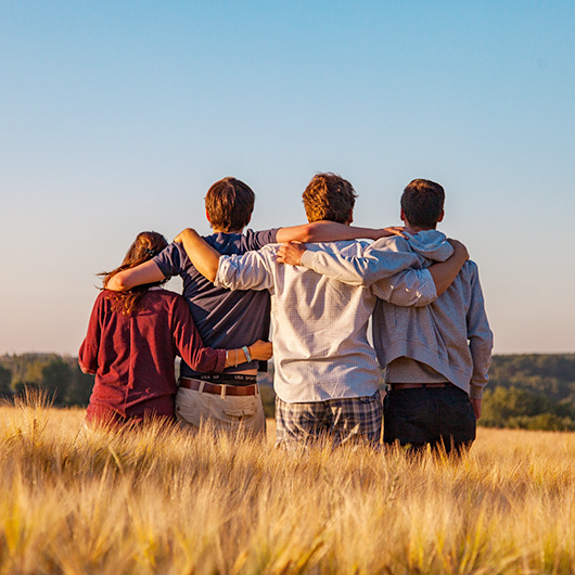 Vier Jugendliche stehen im Getreidefeld Arm in Arm