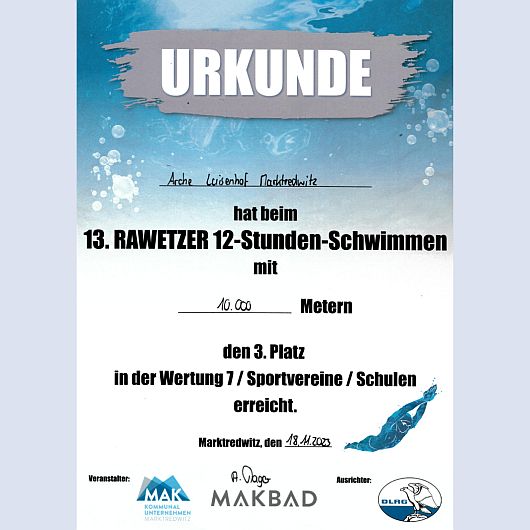 Urkunde über den dritten Platz beim 13. Rawetzer 12-Stunden-Schwimmen für den Luisenhof St. Benedikt