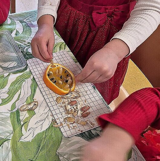 Fleißige Kinderhände, die aufgeschnittene Orangen mit Nelken spicken
