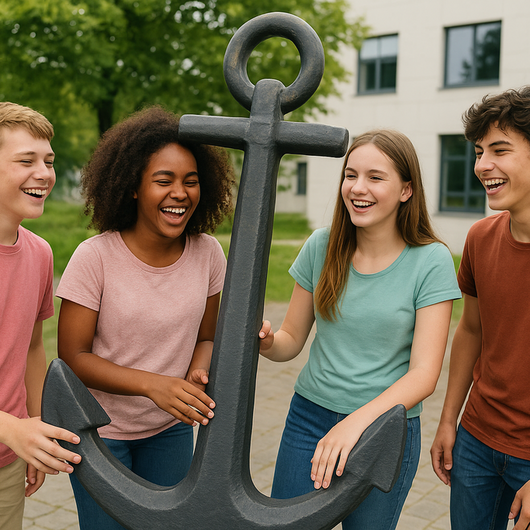 Vier fröhliche Jugendliche an einem großen Anker aus Eisen (Foto: KI)