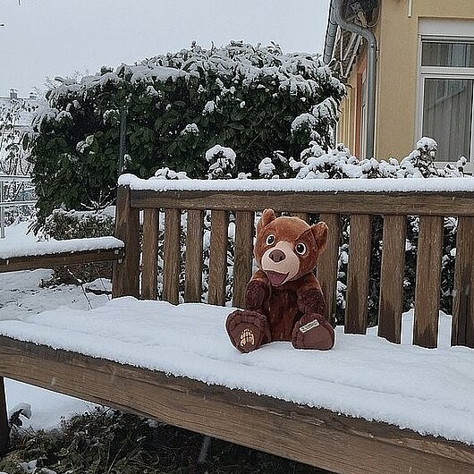 Kuscheltier sitzt auf verschneiter Bank