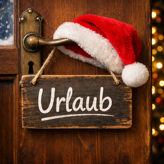 Ein Schild an der Tür mit Urlaub und eine Nikolausmütze