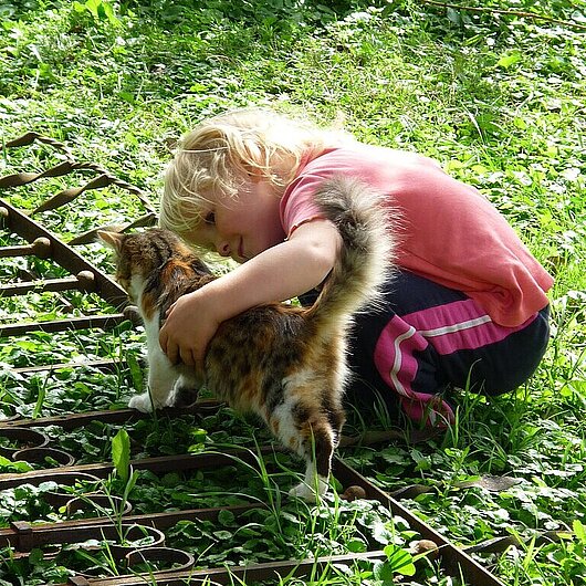 Ein KInd spielt im Garten mit einer Katze (Foto: Esther Merbt // pixabay)