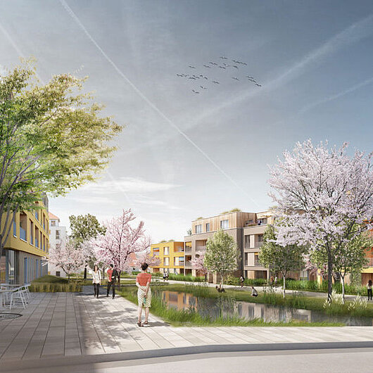 Man sieht ein digital erstelltes Bild einer Wohnanlage